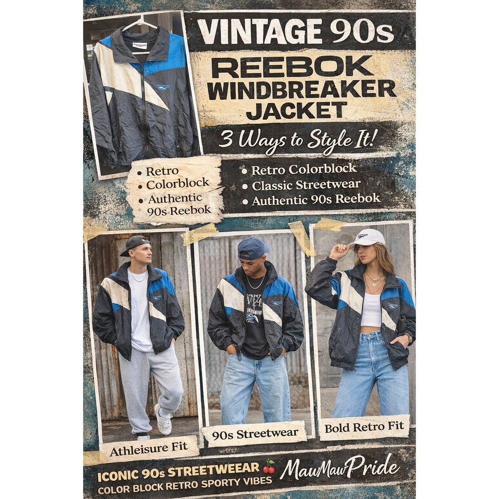 Vintage Reebok Colorblock Windbreaker Jacket‎ Black Blue Mens Large Full Zip 90s